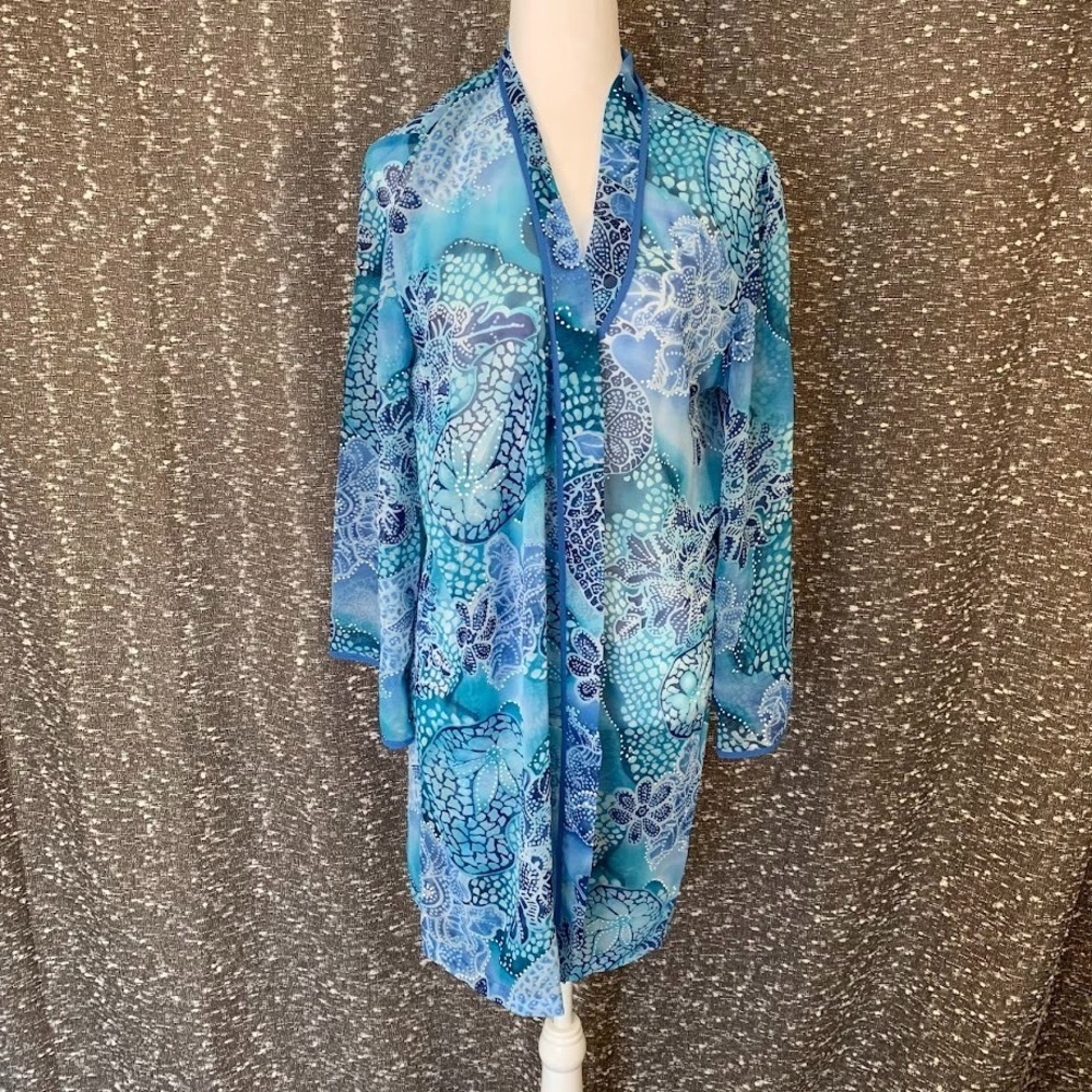Vintage California Dynasty Blue Floral Robe Tropical Boho No Tie Women's‎ Large